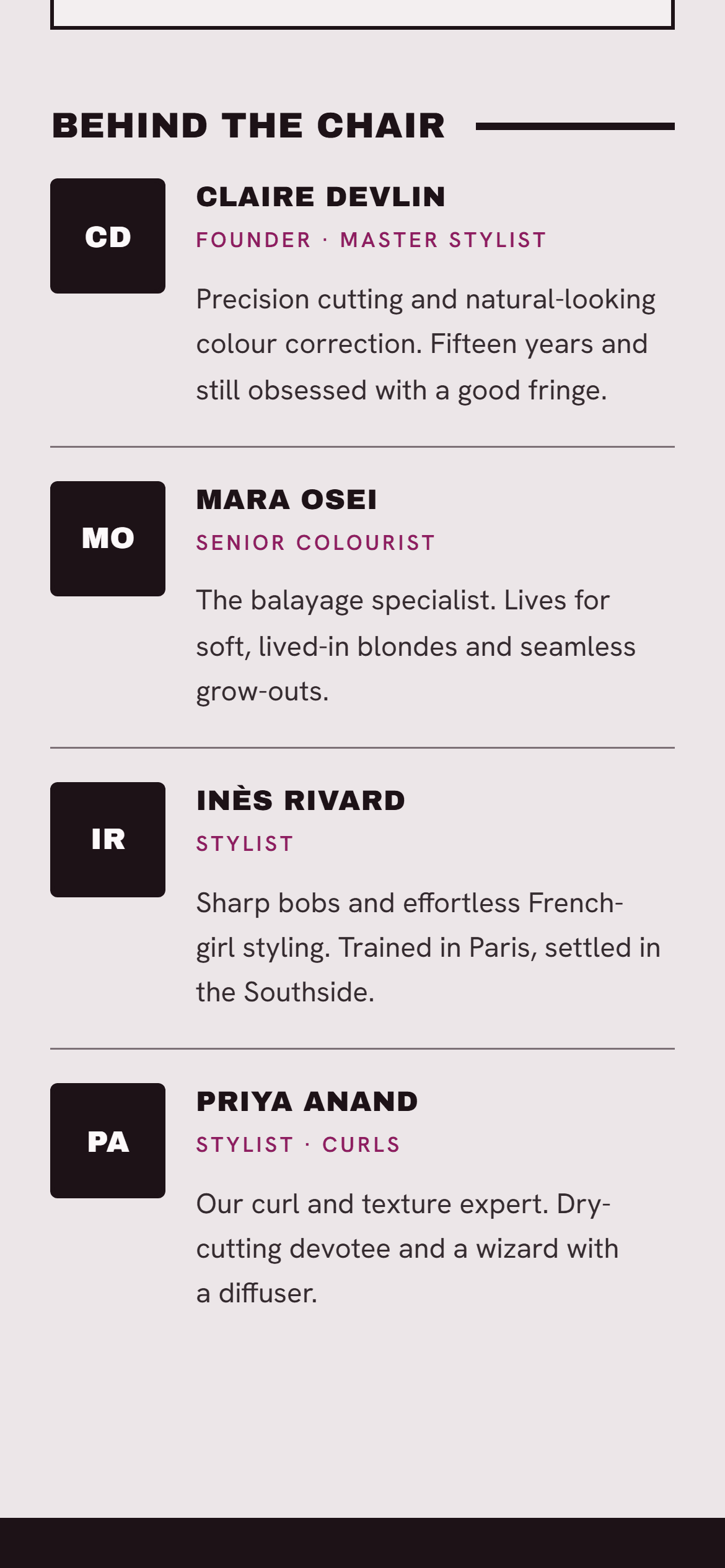 The Behind the chair section on a phone, listing four stylists with their role and a short description.