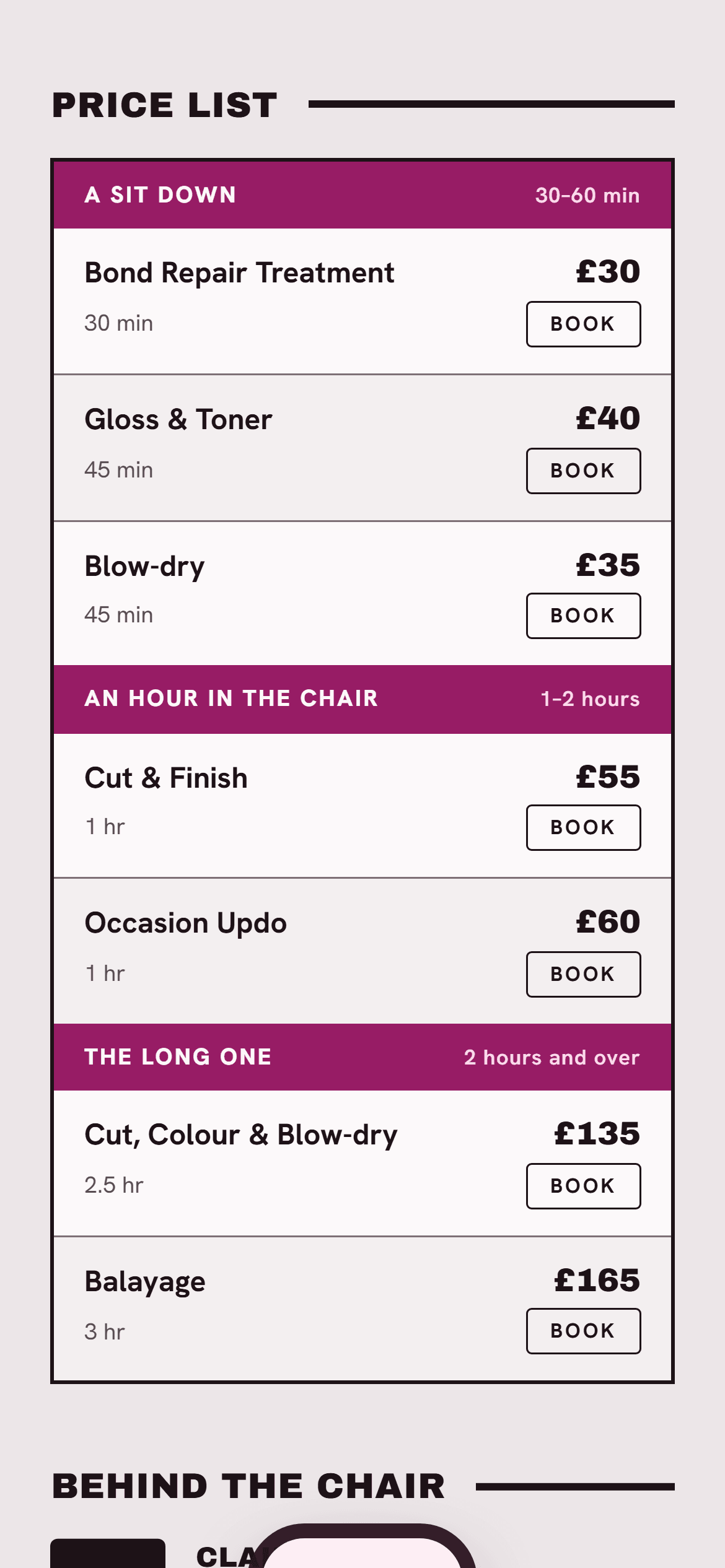 A salon's own booking page on a phone: the price list grouped into A sit down, An hour in the chair and The long one, each service showing its length, its price and a Book button.