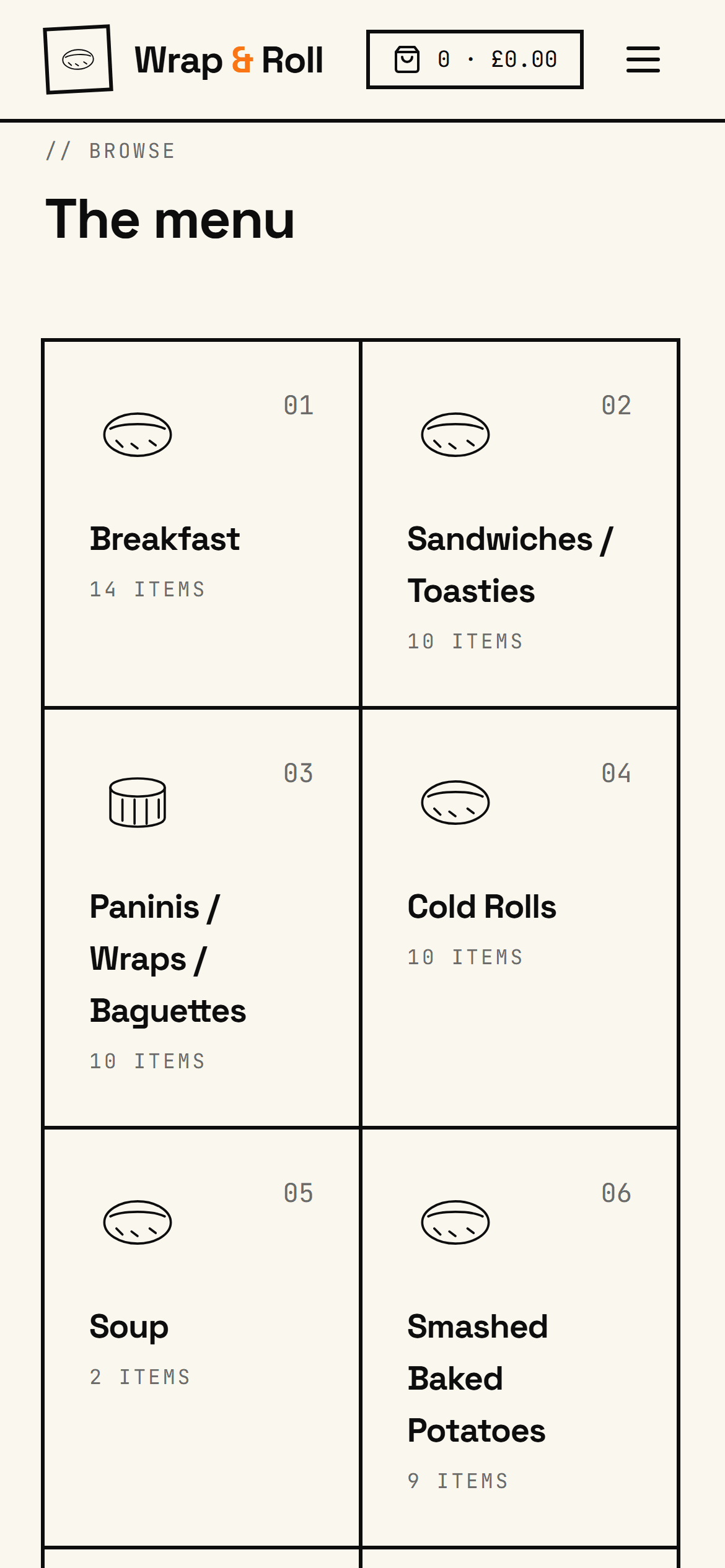 The OrderBoard menu on a phone, showing numbered categories — Breakfast, Sandwiches, Paninis, Cold Rolls, Soup, Smashed Baked Potatoes — each with its item count.