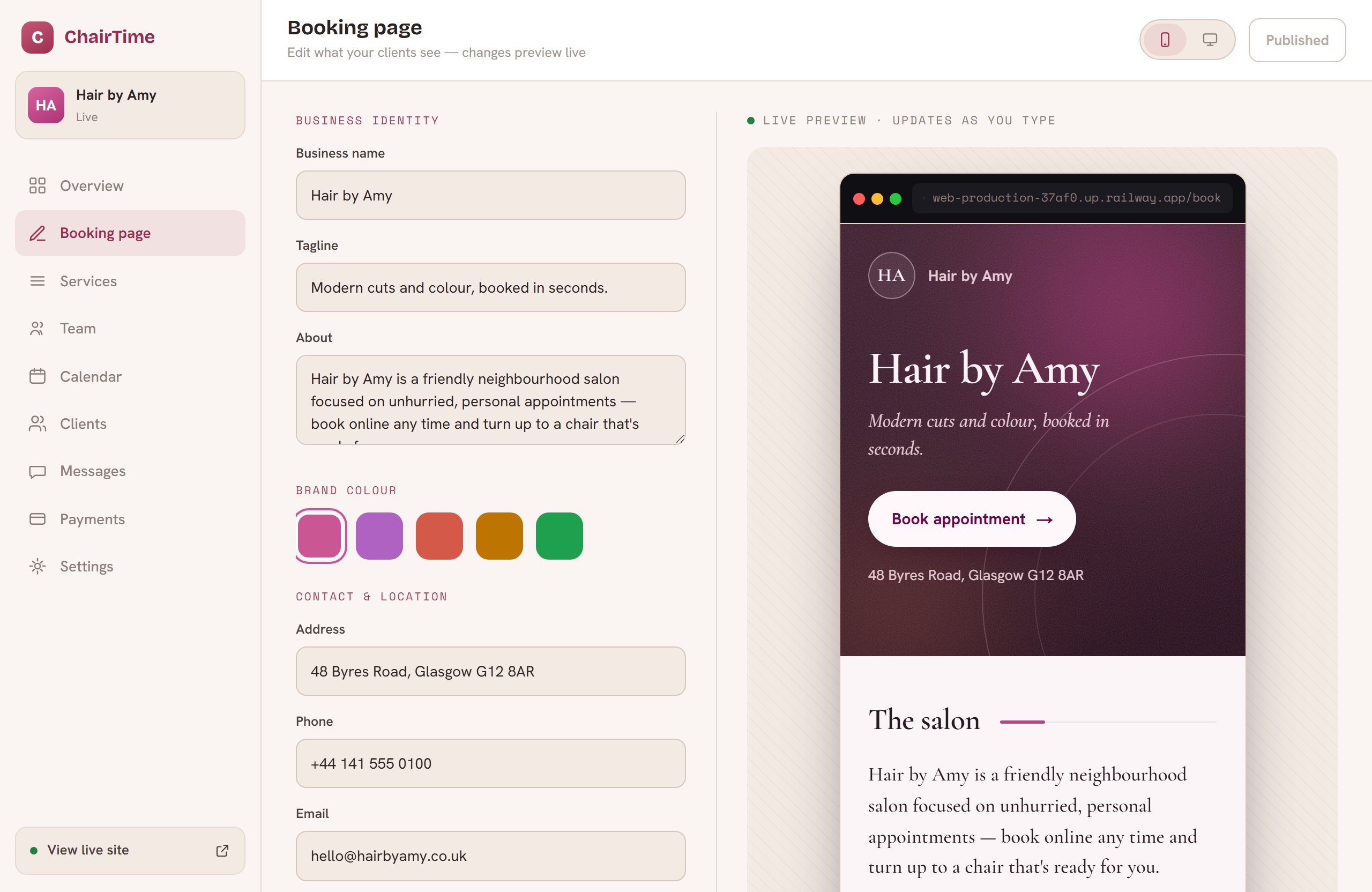 ChairTime booking-page editor: business identity fields and brand colour swatches beside a live phone preview that re-tints as you type