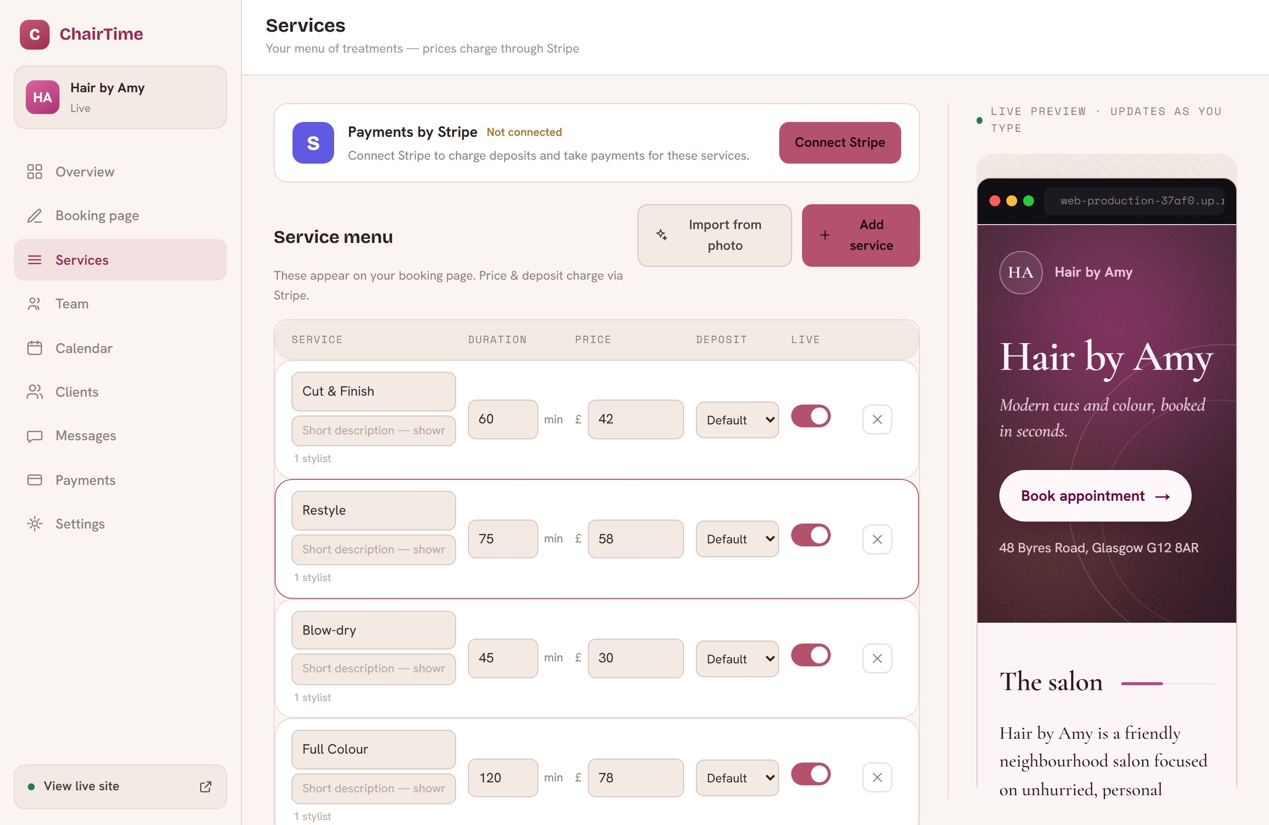 ChairTime service menu editor: services with durations, prices and deposit settings, an Import-from-photo button, and a live phone preview of the booking page