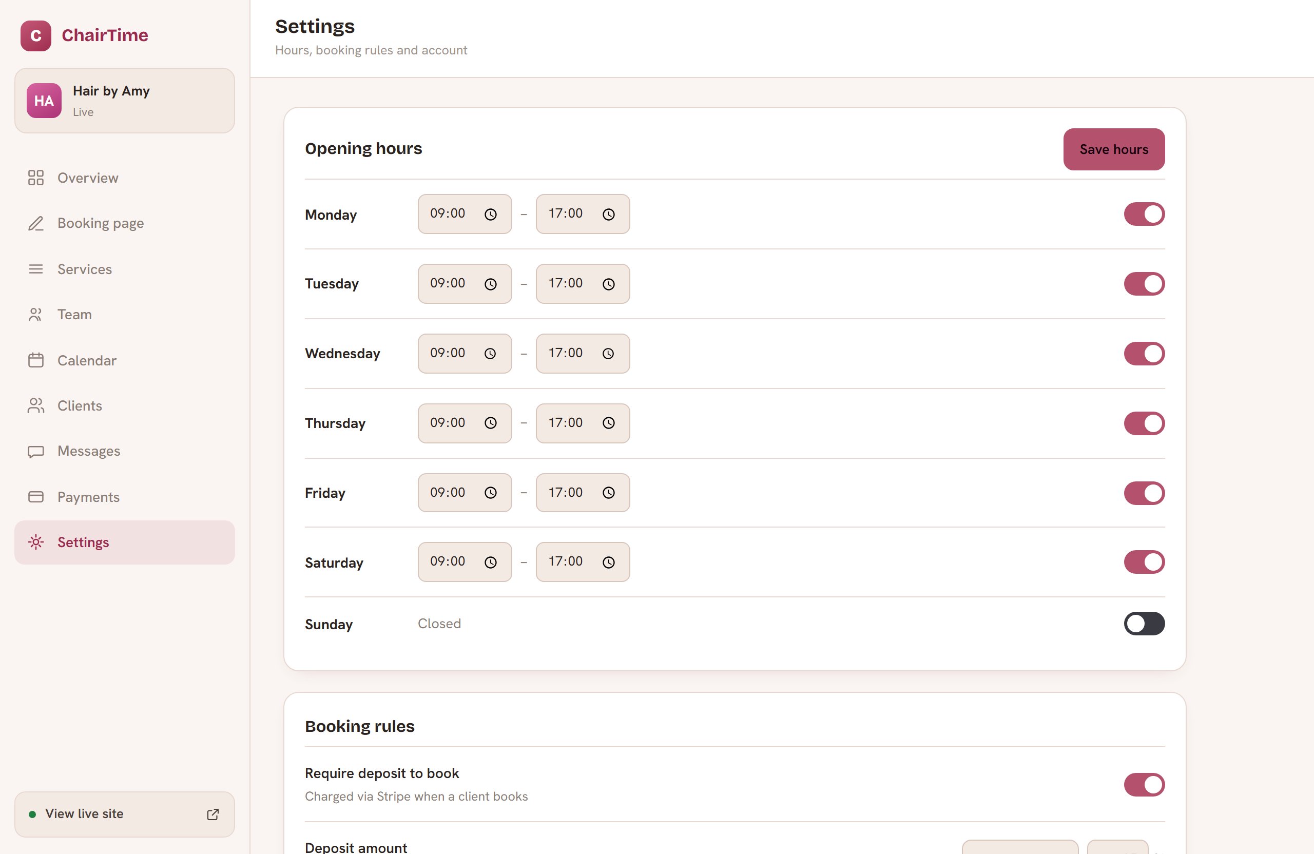 ChairTime settings: opening hours and booking rules including the require-a-deposit toggle, charged via Stripe when a client books